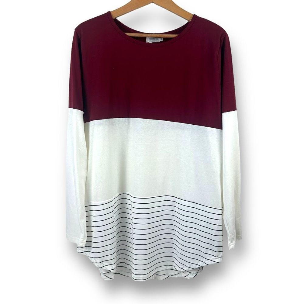 Sherosa Women's XL Long‎ Sleeve Colorblock Tunic Maroon Ivory Stripe Lace Inset